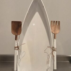 White Metal Boat Serving Bowl with Wooden Salad Servers